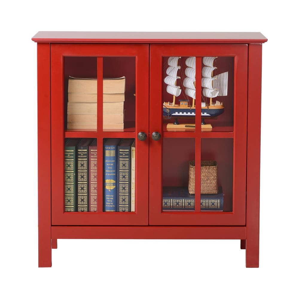 Red Glass Door Lighted Accent Display Cabinet