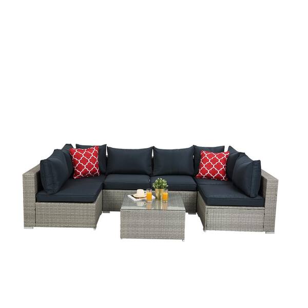 Unbranded Leisure 7-Piece Wicker Outdoor Sectional Set with Black Cushions