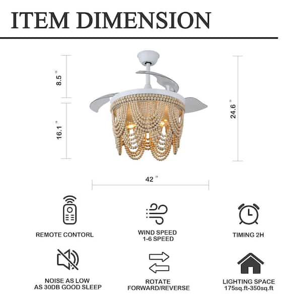 Pierce 42in.Indoor White Boho Ceiling Fan with Lights, 6-Speed Quiet Reversible Ceiling Fan wih Remote, Downrod Included