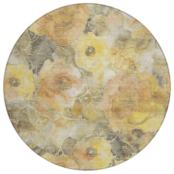 Chantille Machine Washable Indoor/Outdoor Abstract ACN1859 Gold 8 ft. x 8 ft. Round Rug