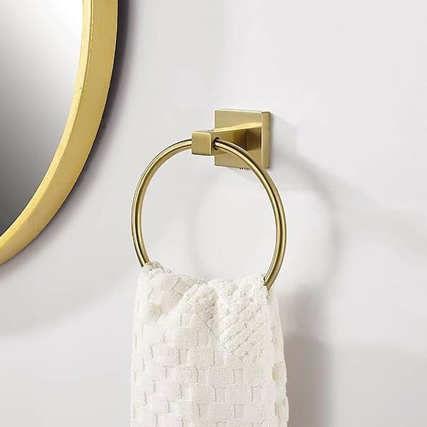 Wall Mounted Towel Ring Bath Round Towel Hanger for Bathroom Square Base Hand Towel Holder in Brushed Gold