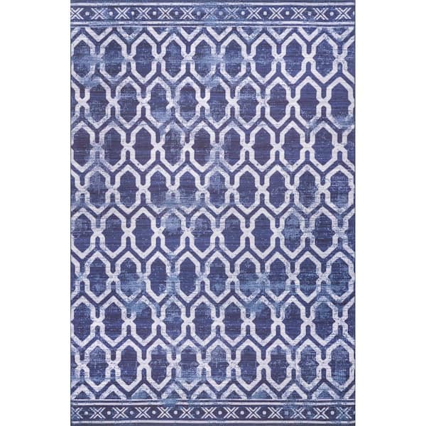 nuLOOM Fae Machine Washable Blue 8 ft. Geometric Indoor/Outdoor Square Rug