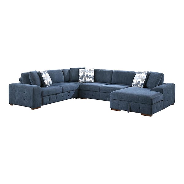 Lazzara Laconia 143 in. Straight Arm 4-Piece Chenille Sectional Sofa in Blue with Right Chaise