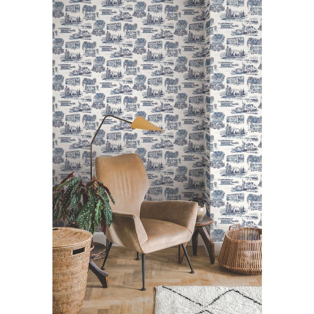 Navy Scenic Vista Toile Pre-pasted Washable Wallpaper