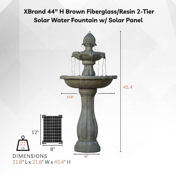 XBRAND 44 in. H Brown Fiberglass/Resin 2-Tier Solar Water Fountain