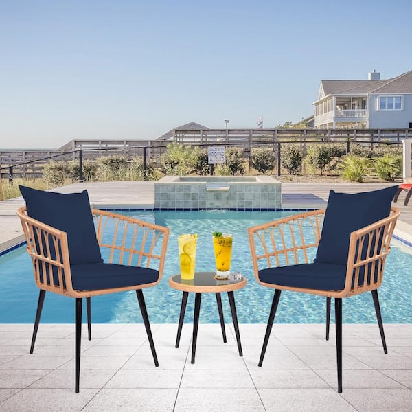 ITOPFOX Natural Brown 3-Piece Wicker PE Rattan Outdoor Bistro Set with Dark Blue Cushions and Side Table with Glass Top