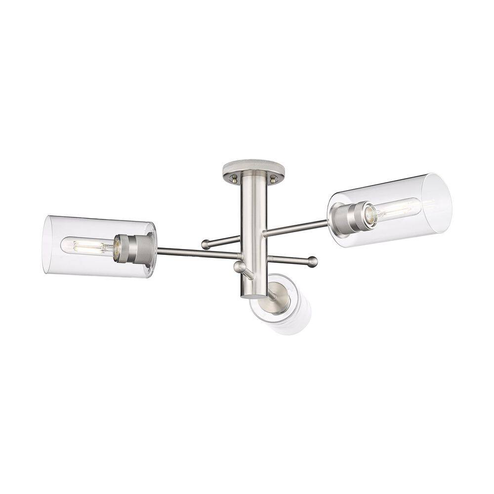 Crown Point 29.38 in. 3-Light Satin Nickel Industrial Flush Mount with Clear Glass Shade price history on PriceWatchPro