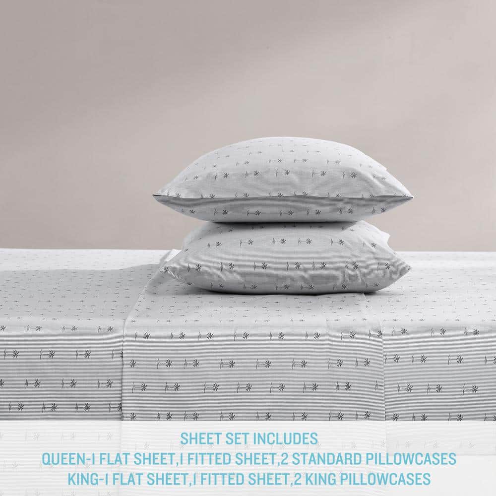 Gray Cotton Percale Queen Sheet Set with Palm Print