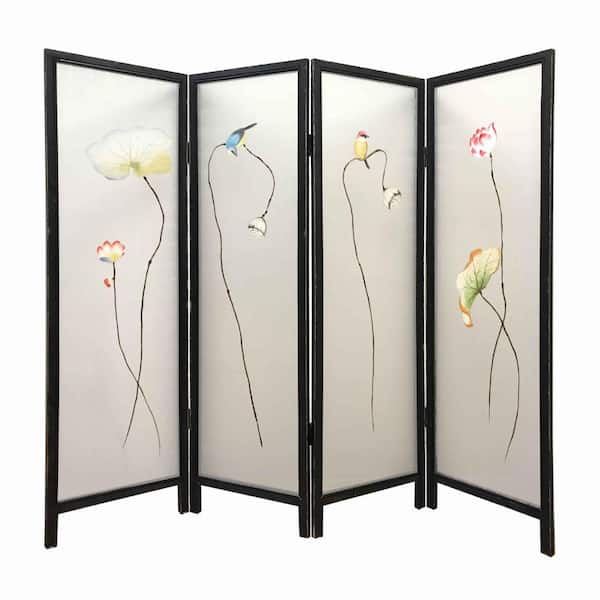 Benjara Brown & Beige 4 Panel Wooden Screen with Hand painted Fabric Design