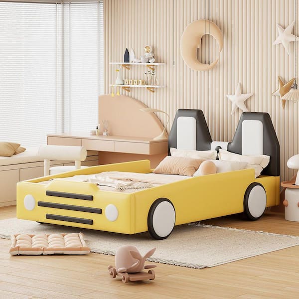 Yellow Wood Frame Twin Car-Shaped Upholstered Platform Bed with Wheels