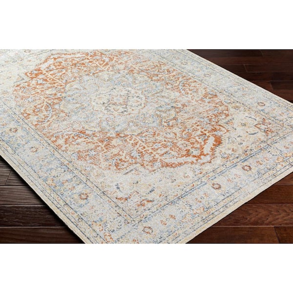 Lillian Light Blue/Rust 9 ft. x 12 ft. Medallion Machine-Washable Indoor Area Rug