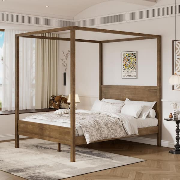 Argus Antique Natural Brown Solid Wood Frame Platform Bed Queen Size Canopy Bed
