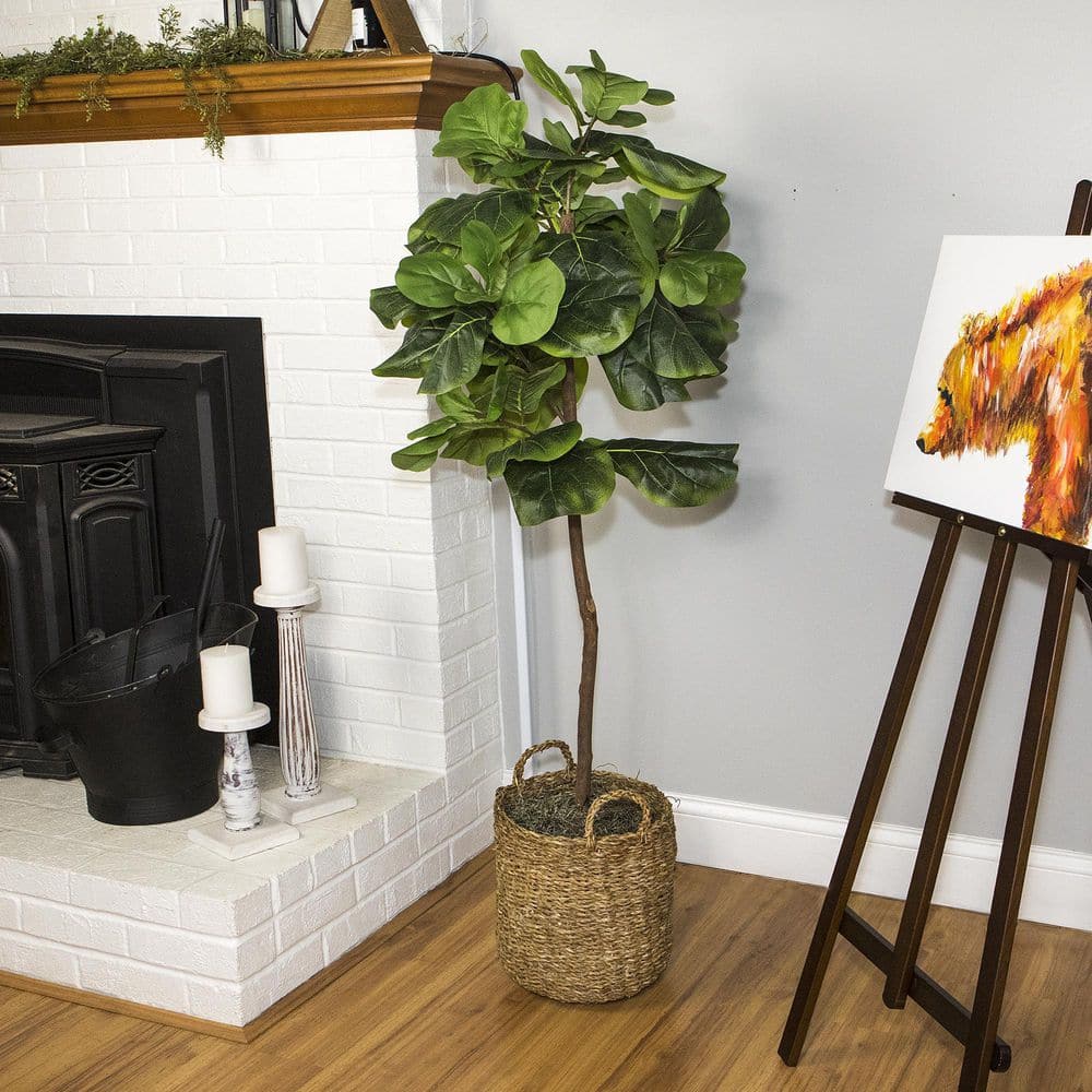 5-Foot Artificial Fiddle Leaf Fig Tree in Woven Rattan Basket