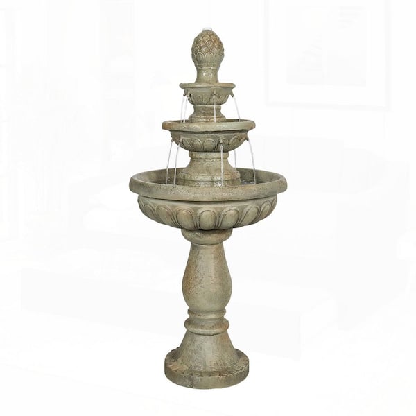 42.5 in. Concrete 3-Tiered Cascading Waterfall Tiered Fountain with Pineapple-Top Finial, with Pump and LED Lights