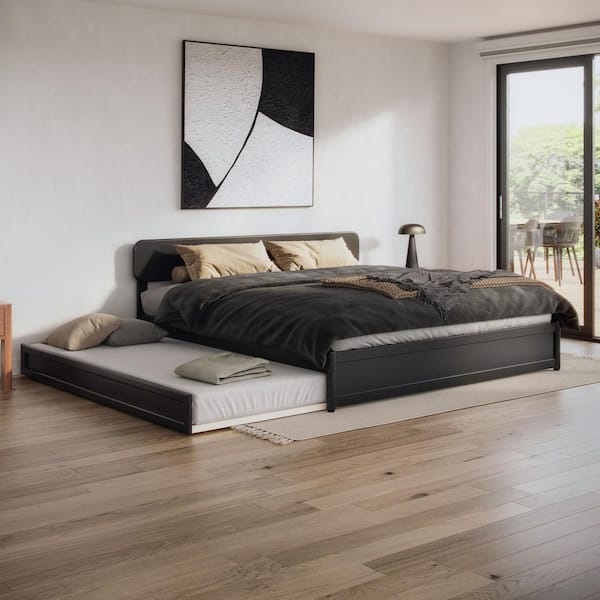Capri Black Wood Frame King Platform Bed with Panel Footboard and Twin XL Trundle