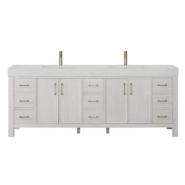 ROSWELL Leon 84 in. W x 22 in. D x 34 in. H Double Freestanding Bath Vanity in Washed White with White Composite Stone Top