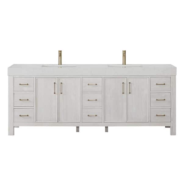 Leon 84 in. W x 22 in. D x 34 in. H Double Freestanding Bath Vanity in Washed White with White Composite Stone Top