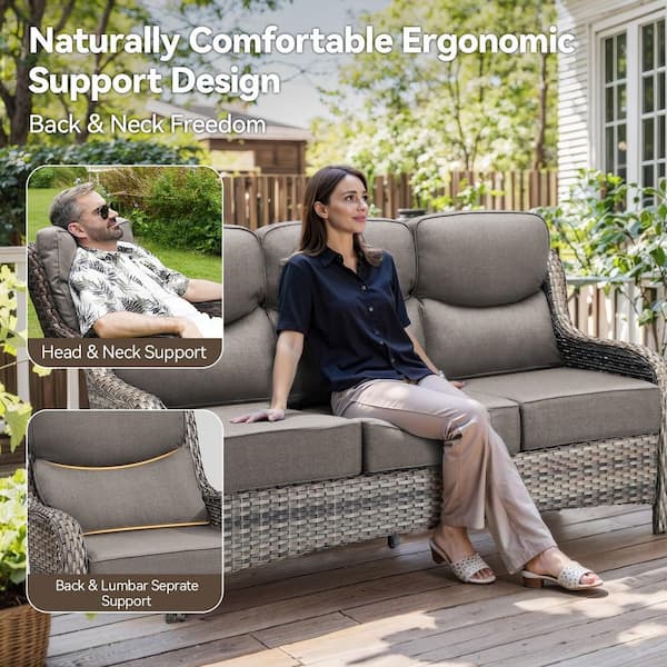 Luxurious 3-Seat Gray PE Wicker Outdoor Couch with 6 in. Olefin Gray Cushions/Patio Sofa Furniture