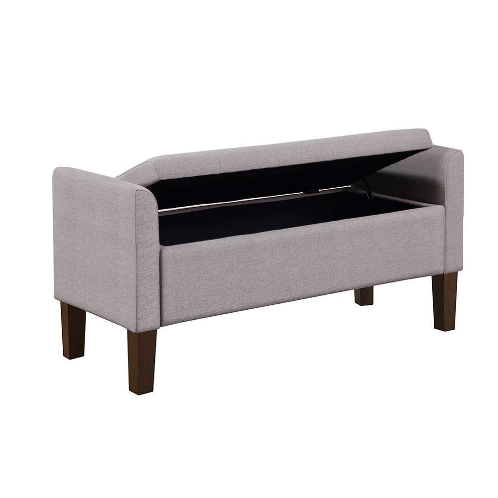 Light Grey Upholstered Flip-Top Storage Bench with Dark Wood Legs
