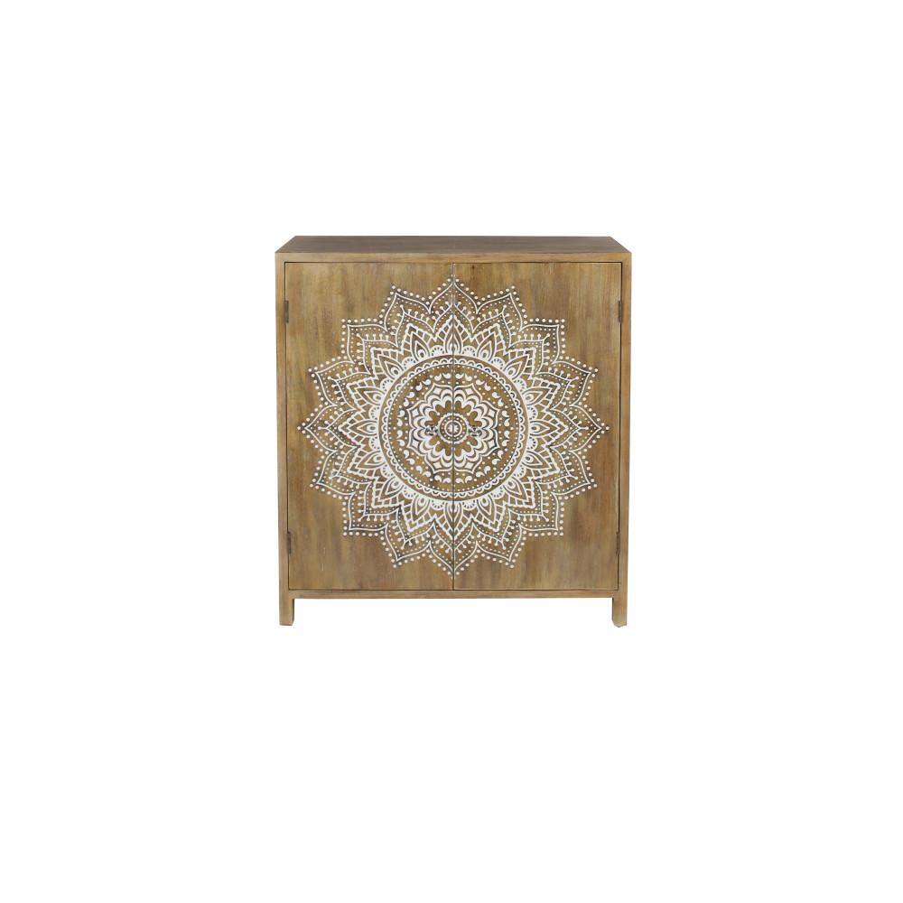 Brown Wood Intricately Carved Floral Cabinet with Shelf and Doors