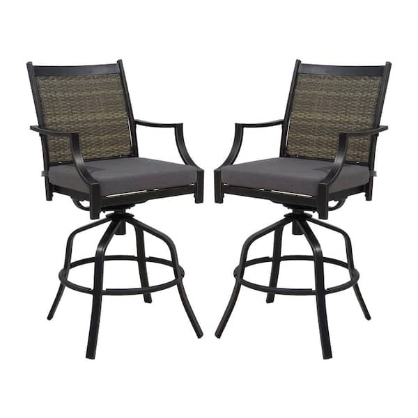 Clihome Aluminum 360° Swivel Outdoor Bar Stool Bar Height Chairs with Black Cushion and Woven Rattan Backrest (2-Pack)