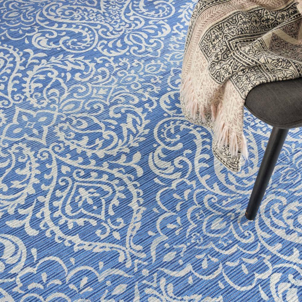 Waverly Blue Damask Washable Synthetic Area Rug, 8' x 10'