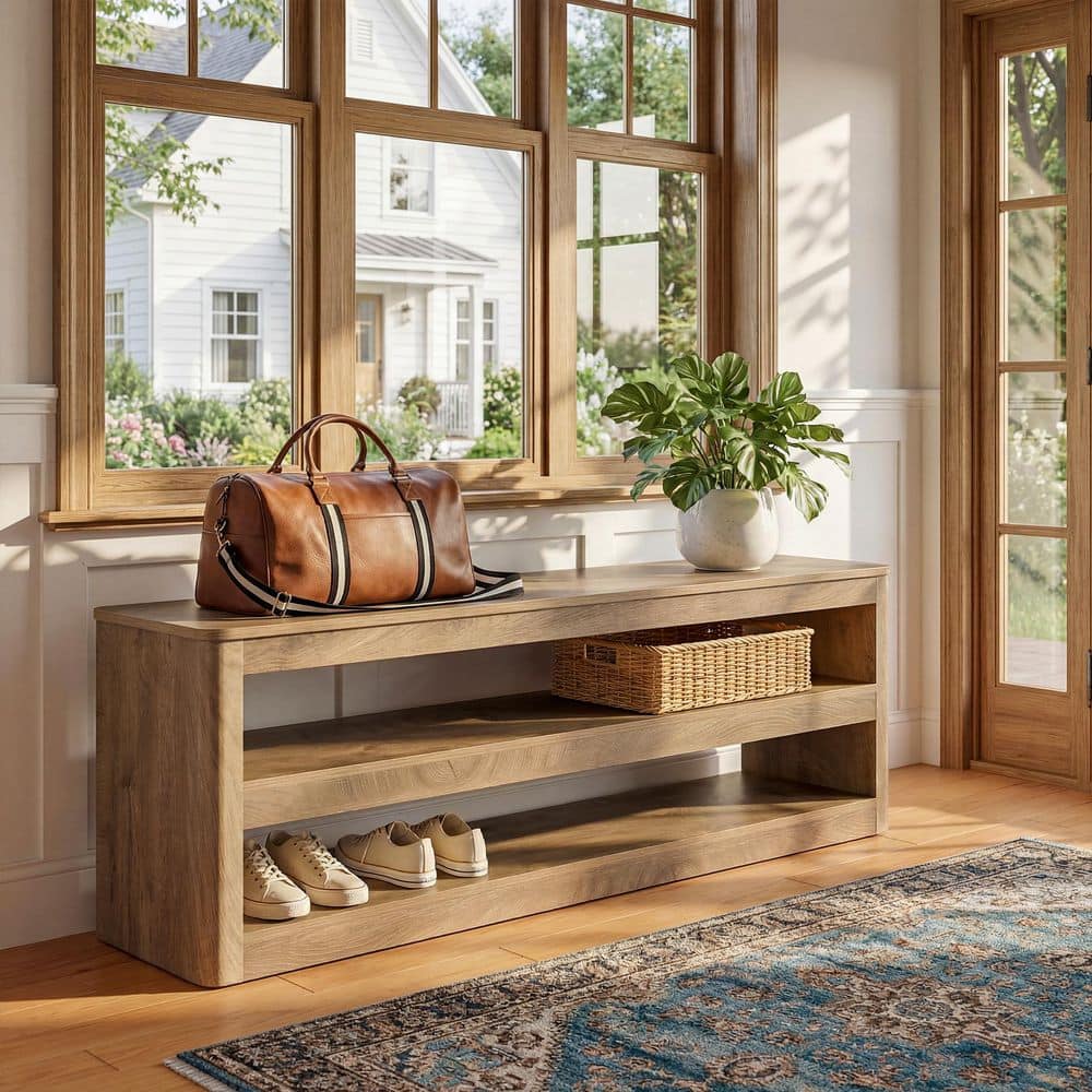 bodihi　ラック BYBLIGHT 55 in. Brown MDF Entryway Shoe Bench with 2-Shelf