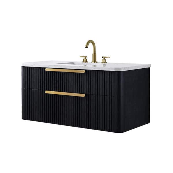 Warren 42 in. Floating Bath Vanity in Black Oak with Engineered Stone Top in Arabescato and White Sink