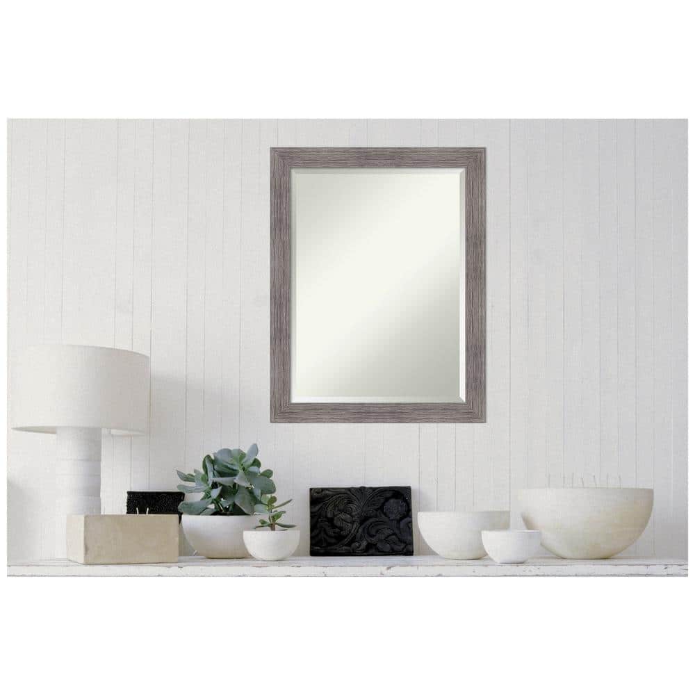 Plank Pinstripe Grey Narrow Framed Beveled Bathroom Mirror