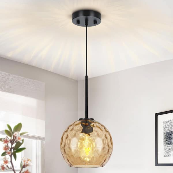 RayHome 1-Light Modern Amber Adjustable Pendant Light with Globe Hammered Glass Shade for Kitchen Island Bedroom