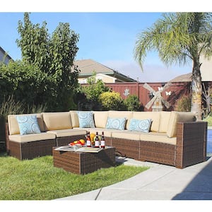 Patiorama 7-Piece Wicker Outdoor Sectional Set with Beige Cushions