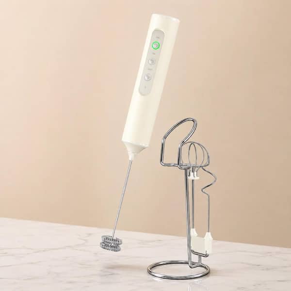 Stainless Steel Handheld Milk Frother Wand Electric Drink Mixer 3-Speed Settings 3 Whisks with Stand and Box, Beige