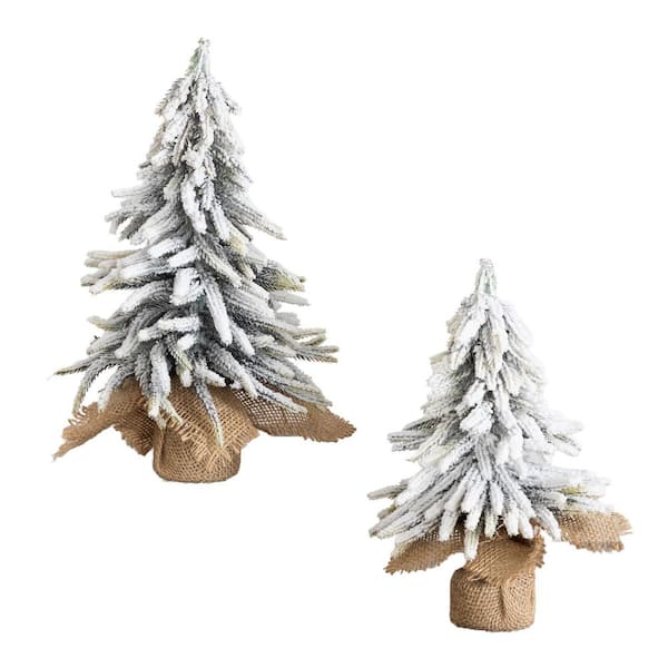 10in. and 13in. Artificial Mini Flocked Christmas Tree with Burlap Base - Set of 2