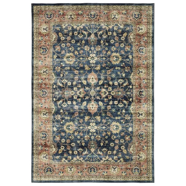 AVERLEY HOME Summit Blue/Rust 5 ft. x 7 ft. Traditional Oriental Border Polyester Machine Washable Indoor Area Rug