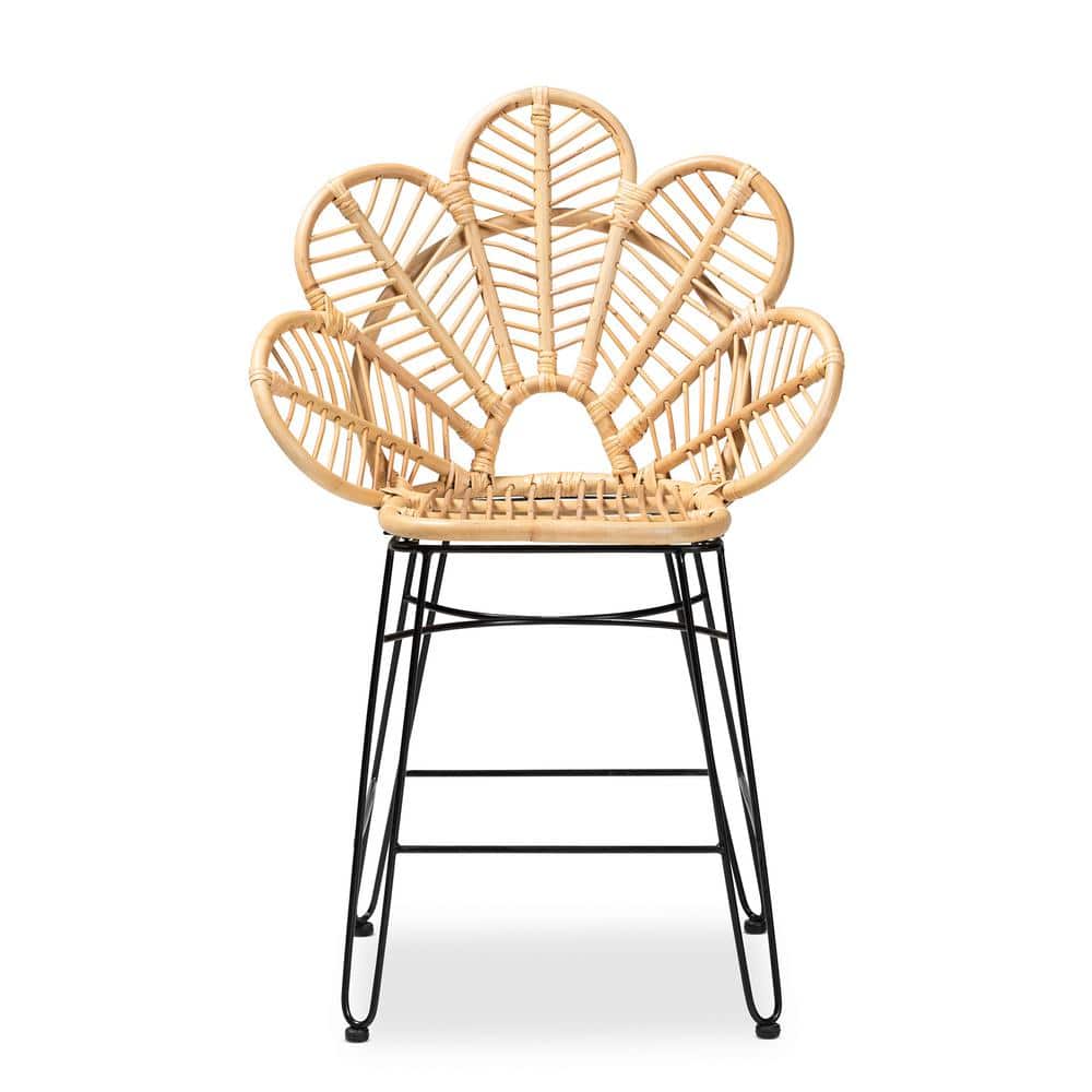 Garan Natural Rattan and Black Metal Boho Counter Stool