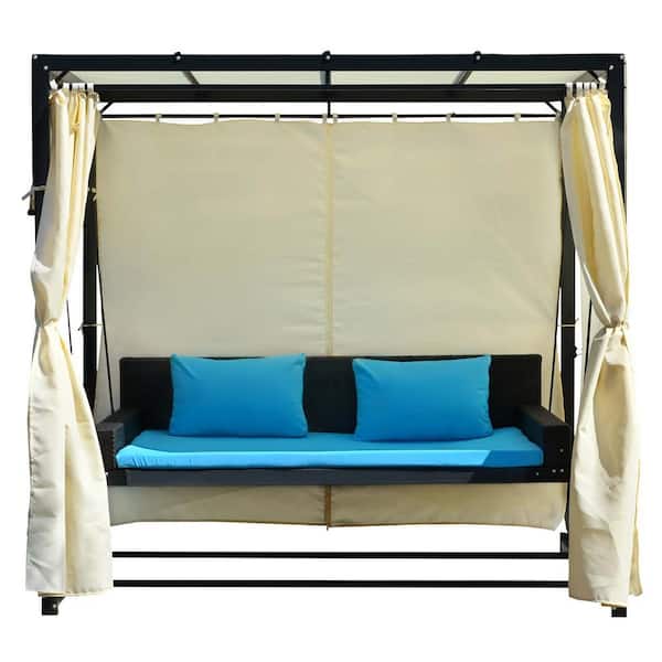 Tunearary 2-3 People Black Frame Steel Patio Swing Bed in Blue Cushions with Canopy and Adjustable Curtains