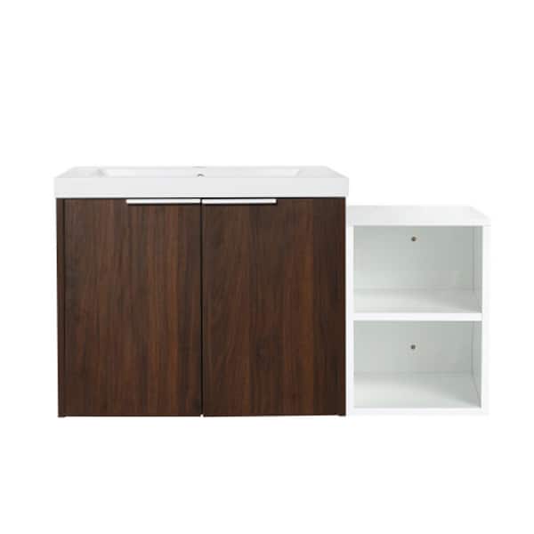 FUNKOL 18 in. W x 36 in. D x 19 in. H 1 Sink Wall Mounted Bath Vanity in Walnut with White Resin Top and 1-Storage Shelves