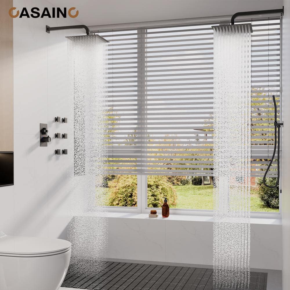 Matte Black Dual Shower Head Thermostatic System with Body Jets