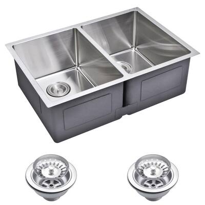 Undermount Small 27 in. 0-Hole Double Bowl Kitchen Sink with Strainer in Premium Scratch Resistant Satin Finish