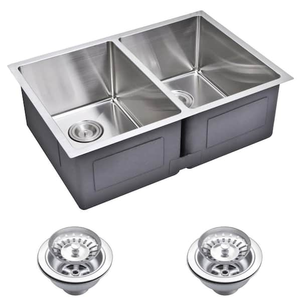 Water Creation Undermount Small 27 in. 0-Hole Double Bowl Kitchen Sink with Strainer in Premium Scratch Resistant Satin Finish