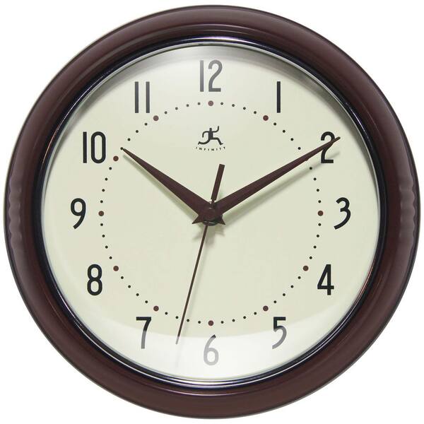 Retro Round Mahogany-Colored Aluminum Wall Clock, 9.5 in.