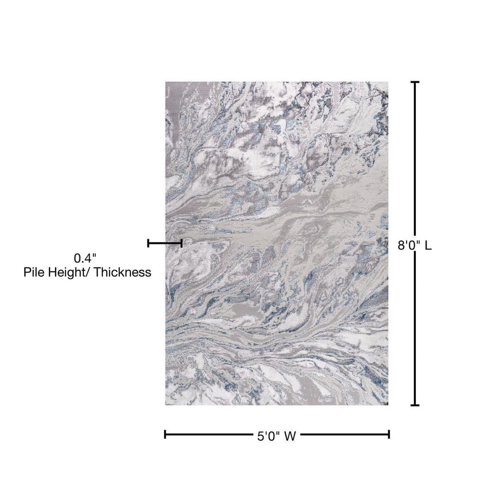 Gray and Blue Marbled Abstract Synthetic Area Rug