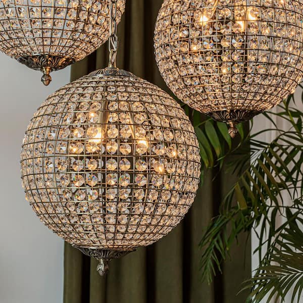 3-Light 16" Retro Antique Gold Crystal Globe Chandelier Small Sphere Pendant Light