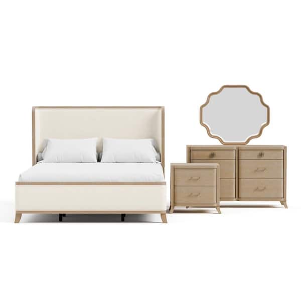 Ellington 4-Piece Natural Oak Fabric Wingback King Panel Bedroom Set with Nightstand and Dresser/Mirror