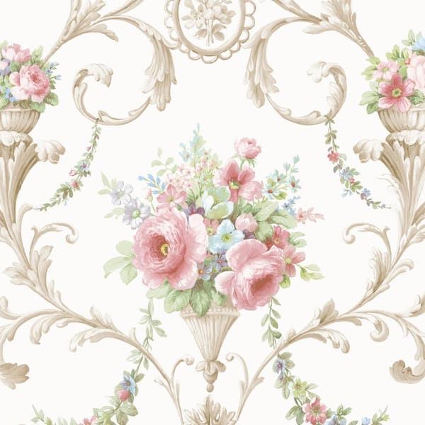 Ornamental Floral Wallpaper in Pink and Blue
