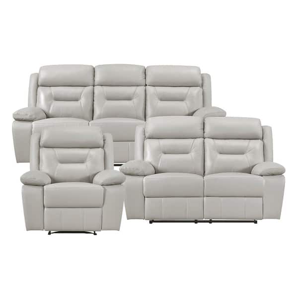 Lazzara Emillia 87 in. W. Pillow Top Arm Leather Rectangle 3-Piece Manual Reclining Sofa Set in Silver