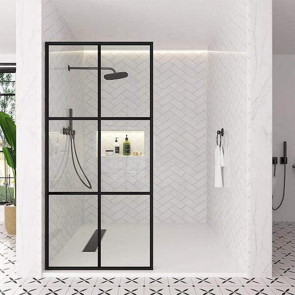 Sylanor Nyssa 34 in. W x 73 in. H Framed Fixed Shower Screen Door in Matte Black with 5/16 in. (8mm) Patterned Glass