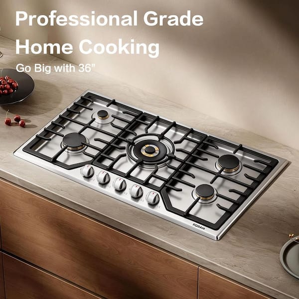 36 in. 5 Sealed Brass Burners Recessed Gas Cooktop in Stainless Steel with 20000 BTU Wok Burner and LP Conversion Kit