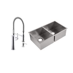 Lyric Undermount Stainless Steel 32 in. Double Bowl Kitchen Sink with Sous Kitchen Faucet