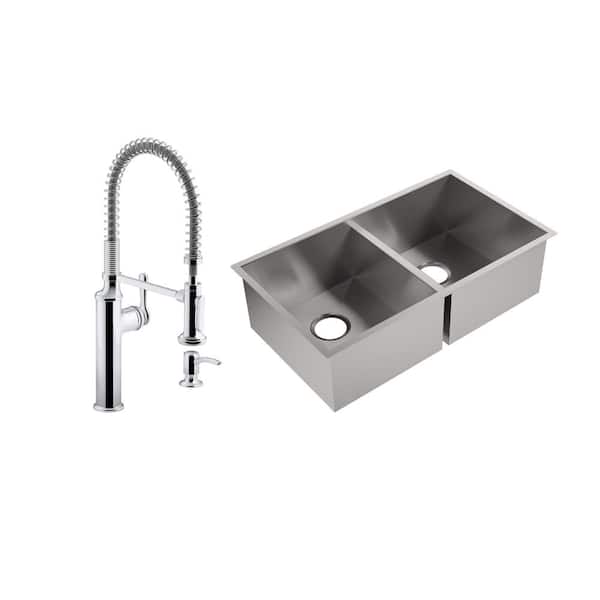 KOHLER Lyric Undermount Stainless Steel 32 in. Single Bowl Kitchen Sink with Sous Kitchen Faucet in Polished Chrome